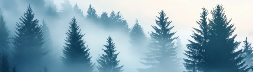 Obraz premium Serene forest with tall pine trees shrouded in mist, creating a tranquil and mysterious atmosphere perfect for nature backgrounds.