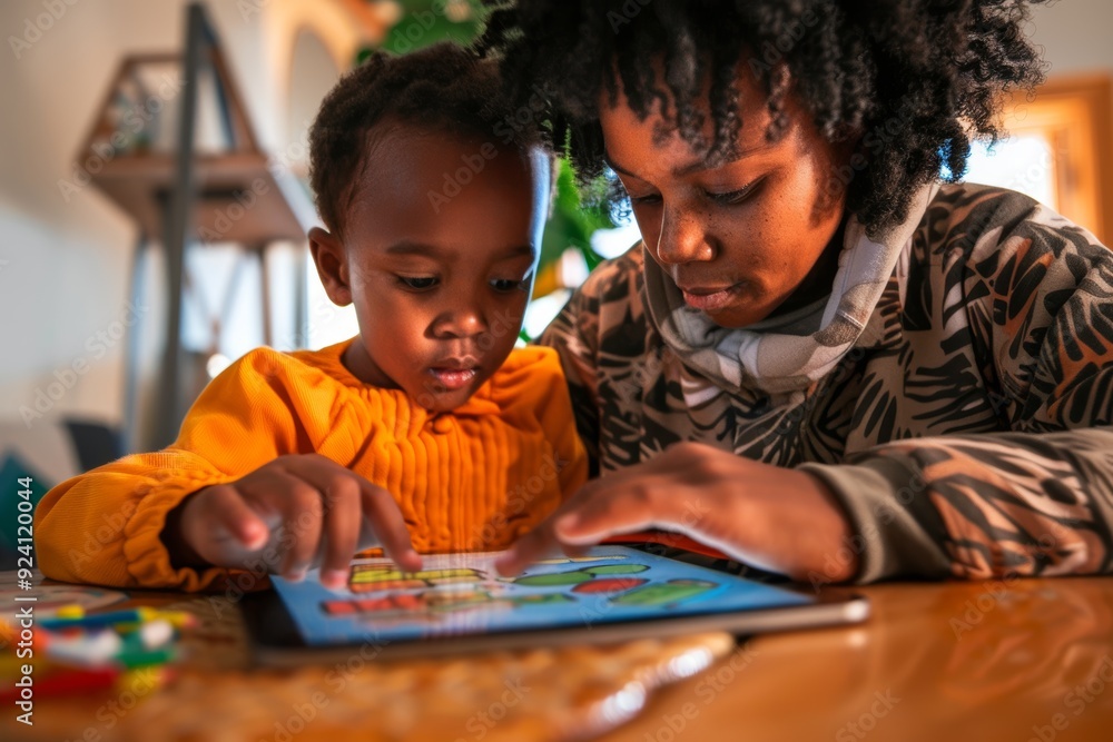 Poster parent and child using interactive math learning app for fun educational experience