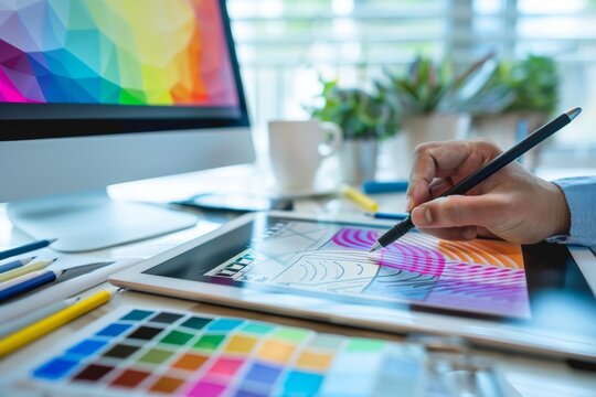 Graphic Design Tutorial on Tablet with Organized Workspace and Colorful Digital Art Tools