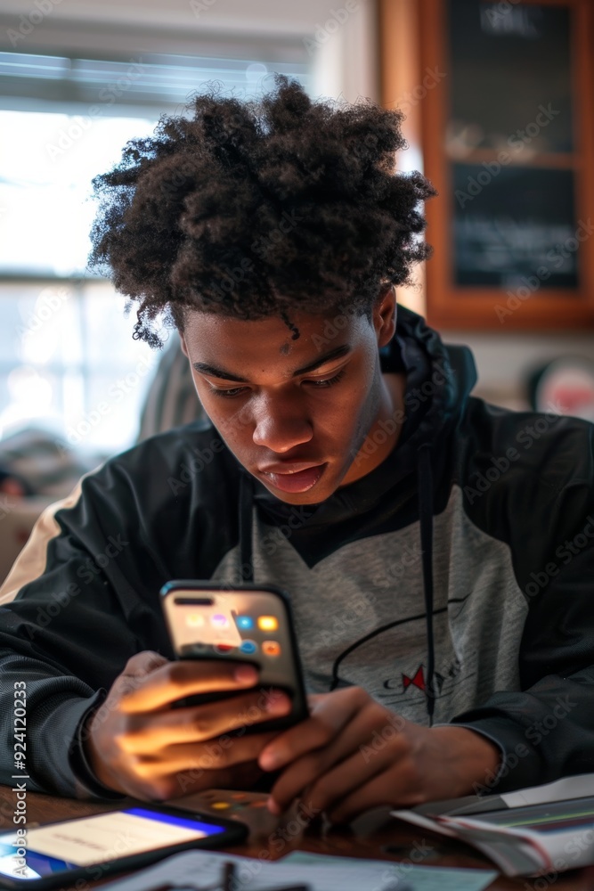 Poster high school student using homework help app on smartphone for step-by-step solutions