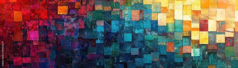 Poster vibrant mosaic pattern with colorful squares in a gradient of warm and cool tones, ideal for backgro