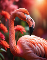 Obraz premium Closeup portrait of a pink flamingo in a garden with red flowers