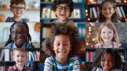 Happy Multicultural Children Engaged in Distance Learning Video Call for Interactive Education Poster