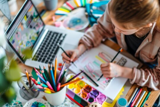 Parent and Child Distance Learning Project with Art Supplies and Laptop for Creative Education