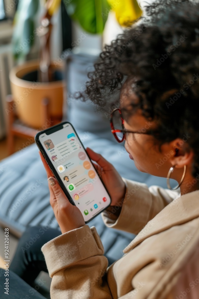 Poster person using language learning app with vocabulary flashcards and interactive exercises on smartphon