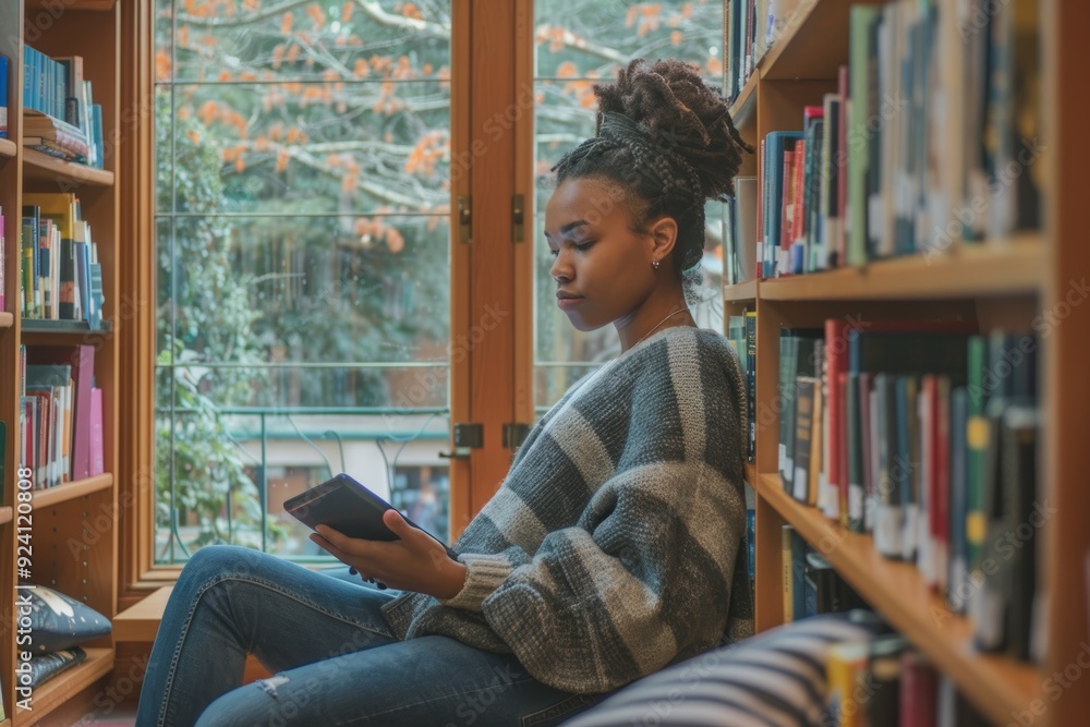 Poster student in cozy reading nook accessing online resources in library for study and research