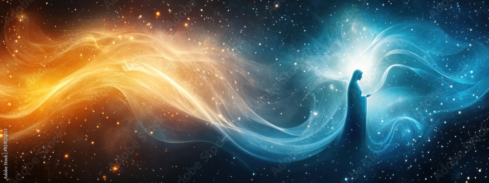Poster assumption of mary in a dynamic, multi-dimensional space with swirling stars and celestial elements