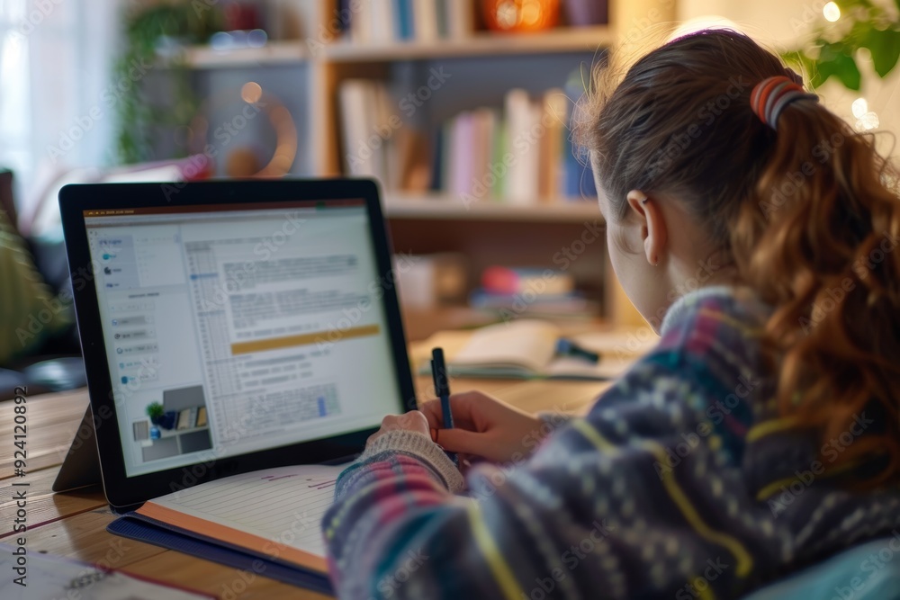 Poster student taking notes during online lecture on tablet - focused study environment for learning