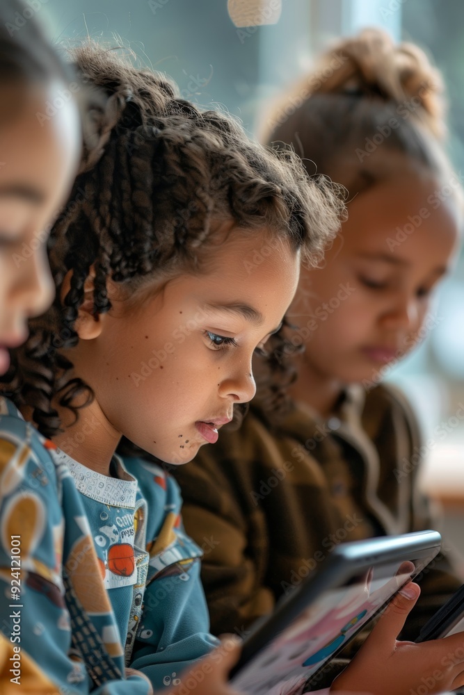 Poster children engaging with educational tablet app for interactive learning and reading practice