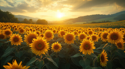 champ de tournesol avec un soleil couchant.