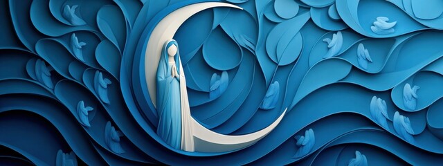 Serene Virgin Mary, clothed in blue and white, standing on a crescent moon, angels surrounding her,