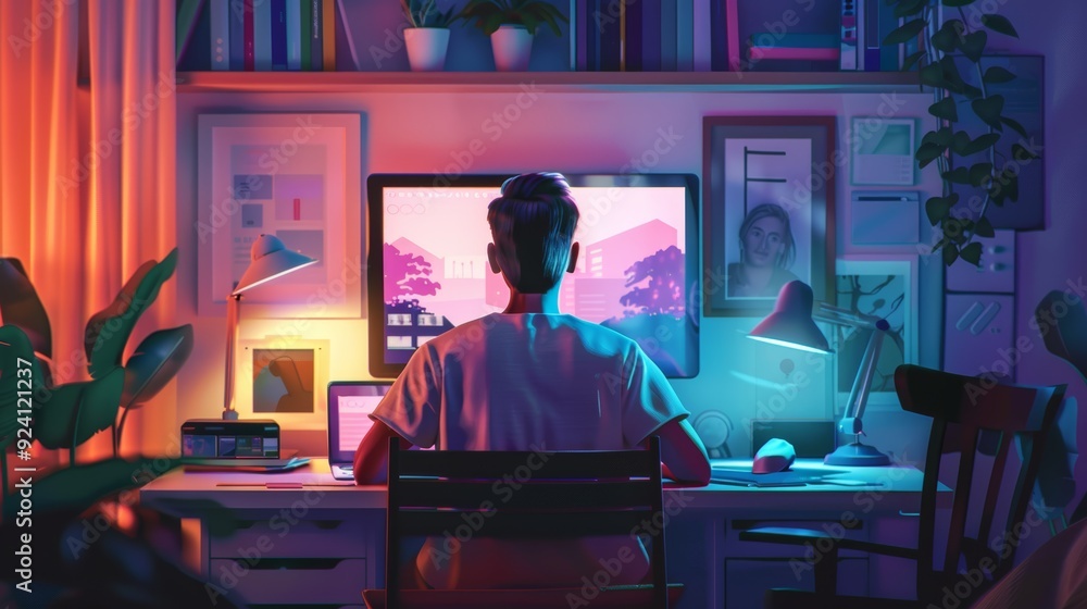 Poster online learning: university student watching recorded lectures and completing assignments at home