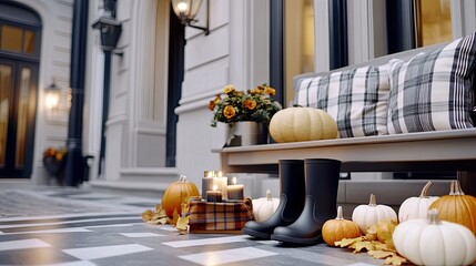 The front porch is beautifully decorated for fall with vibrant mums, pumpkins, and black rain boots, creating a welcoming autumn atmosphere