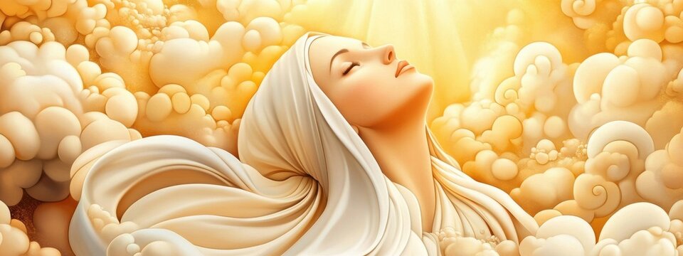 Virgin Mary, clothed in flowing white robes, ascending amidst heavenly clouds, joyful angels,