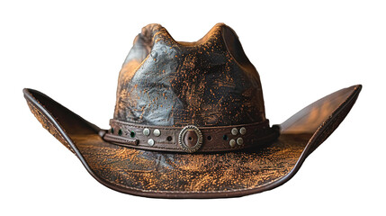 A brown cowboy hat with a leather band and a metal ring on the front