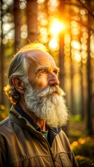 Obraz premium Outdoor portrait, elderly man with a beard, golden hour light, forest setting, contemplative mood.