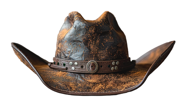A brown cowboy hat with a leather band and a metal ring on the front