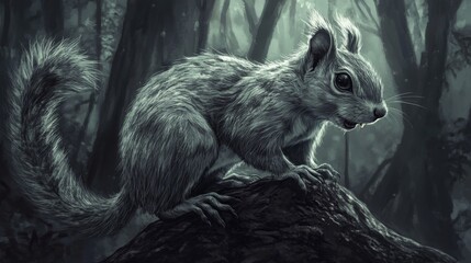 Obraz premium A gray squirrel is sitting on a rock in a dark forest. The image has a moody and mysterious feel to it, as the squirrel is the only visible creature in the scene
