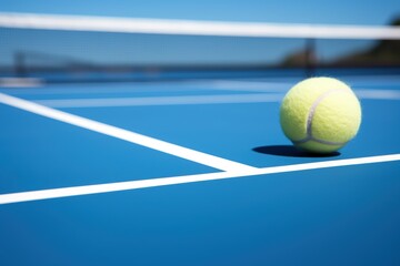 A closeup of the white lines on a blue tennis court with a simple background in a minimalist style...