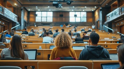 University Lecture Hall with Students Using Laptops and Tablets for Digital Learning