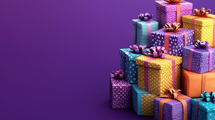   A multicolored gift stack atop a purple backdrop with a pumpkin perched atop one box