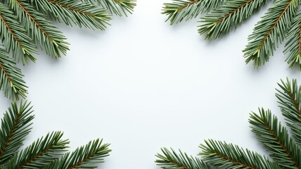"Green Pine Branches on White Background - Festive Holiday Frame and Christmas Decoration"