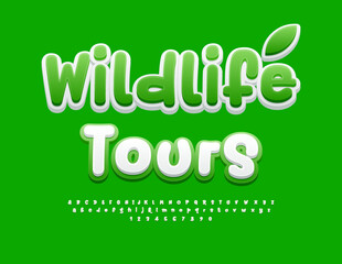 Vector funny concept Wildlife Tours. White and Green Handwritten Font. Playful Alphabet Letters and Numbers set.