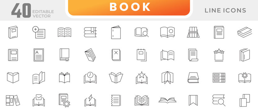 Book line icon collection. School, education, various books, literature, dictionary, audiobook, learning, library and e book icons set. UI outline icon pack
