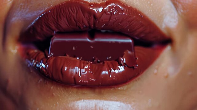 Beautiful female mouth with a piece of delicious chocolate. Chocolate melts and flows down the lips, close-up. For advertising sweets