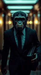Anthropomorphic Chimpanzee in Business Suit Walking Through Office Hallway Holding Briefcase