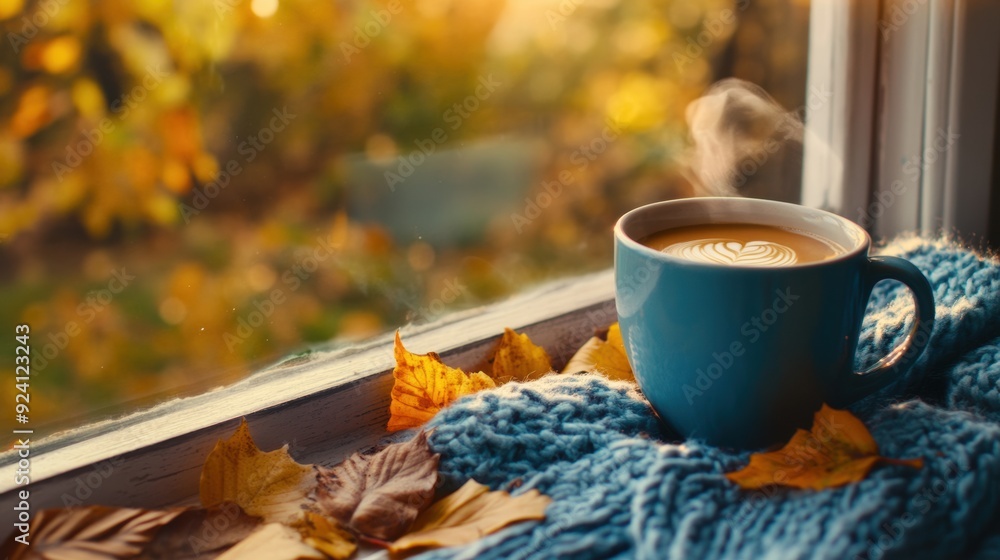 Sticker a cup of coffee on a window sill with autumn leaves, ai