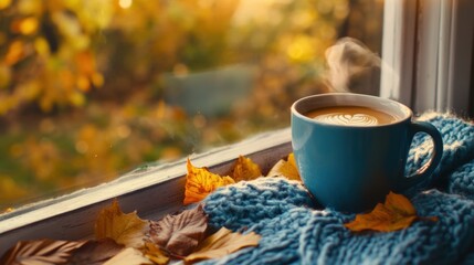 A cup of coffee on a window sill with autumn leaves, AI