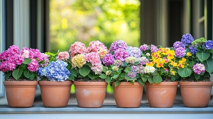  Potted flowers on window sill, green tree background