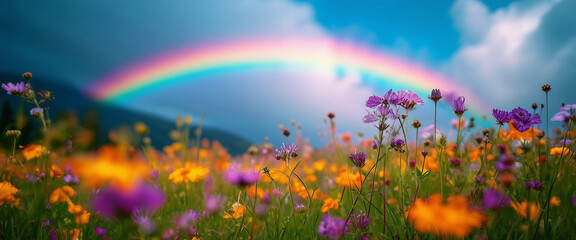 A field of wildflowers with a rainbow arching across the sky after a refreshing rain