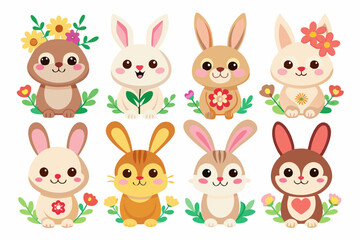 bunny sublimation designs in various styles with flowers vector