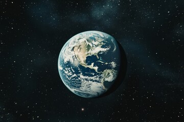Fototapeta premium Peaceful view of Earth in the cosmic void, with its continents and oceans bathed in sunlight. The image emphasizes the planet’s uniqueness and the serenity of life within the vastness of space