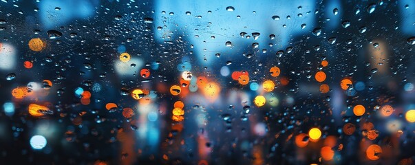 Raindrops on window with blurred city lights. Image for abstrect background, mood board, banner with copy space.
