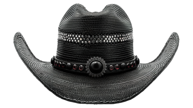 A black cowboy hat with a black band and a black stone on top - Powered by Adobe