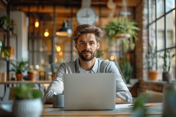 A young man using a computer laptop in front of a blank white computer screen, sitting comfortably in a cozy home setting with natural light. Generative AI