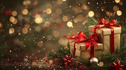 Gift boxes with red ribbons, surrounded by fir branches, sparkles, and confetti, Christmas greeting card flat lay top view