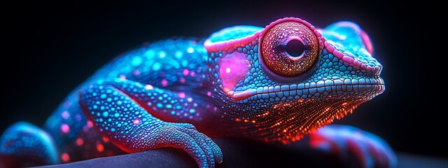 Obraz premium Chameleon with colorful neon retro wave background. synth wave frog. Illustrations design 