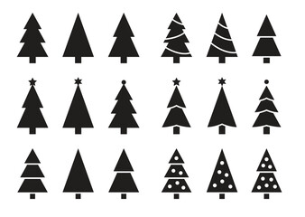 Christmas tree black icon collection. Set of simple silhouettes isolated on white background. Icons for holidays sales and events.