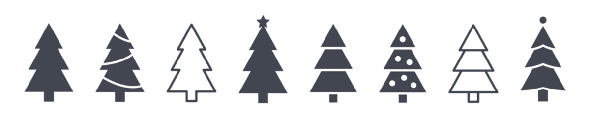 Obraz premium Christmas tree icons collection. Vector black and white fir. Minialistic silhouettes.