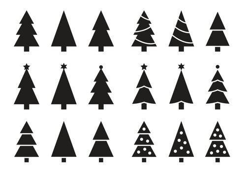Christmas tree black icon collection. Set of simple silhouettes isolated on white background. Icons for holidays sales and events.