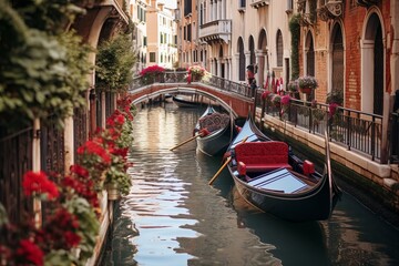 Magenta Currents Romantic Gondolas on Venice's Terracotta Waters