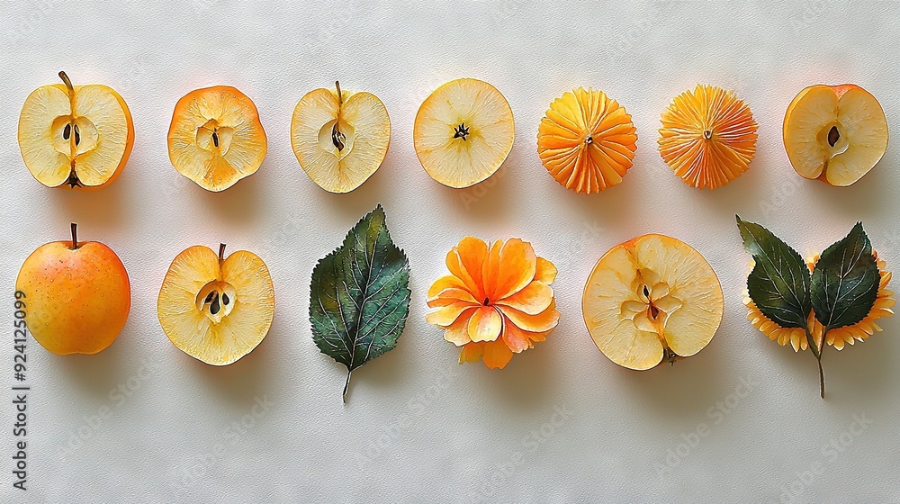 Sticker a group of cut-up fruits rests atop a white table beside an orange and green leaf