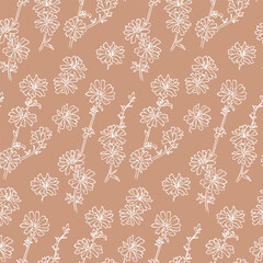 Floral contour contrast seamless pattern with doodle chicory branches. Summer hand drawn contrast illustration on pink background. Best for wrapping, textile, paper, wallpaper, background