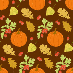 Autumn seamless pattern with autumn leaves, red berries and pumpkin. Hand drawn flat style. Simple botanical illustration on dark background. Perfect for textile and wrapping. Dark theme