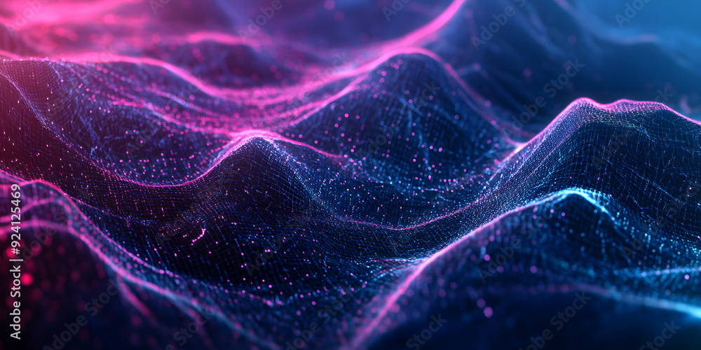Poster abstract wavy background of many lines and dots with a blue-violet gradient. waves. neon colors