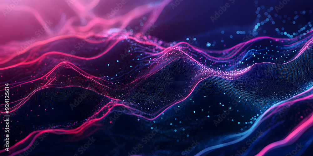 Poster abstract wavy background of many lines and dots with a blue-violet gradient. waves. neon colors